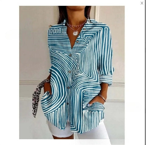 3D digital printing abstract pattern women's long-sleeved buckle linen shirt m302749-01