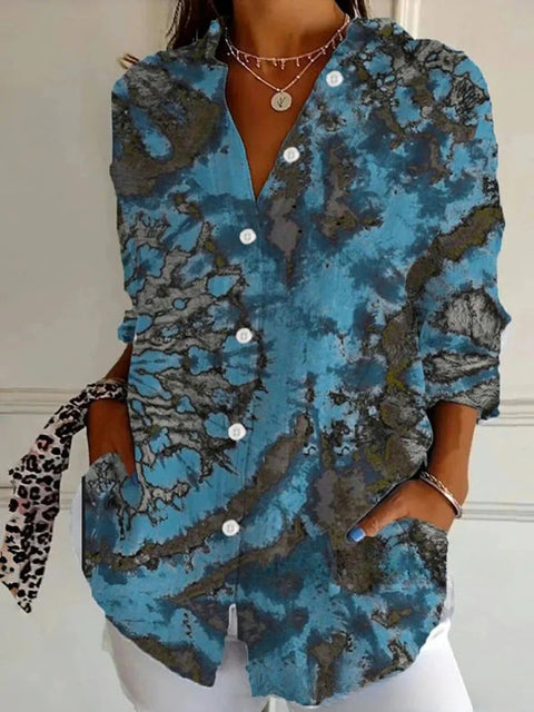 3D digital printing abstract pattern women's long-sleeved buckle linen shirt m302749-01