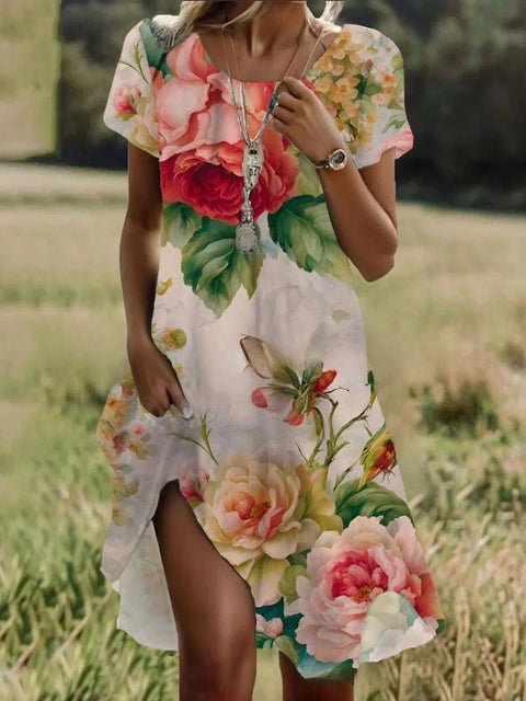 Crew neck short sleeve digital positioning print dress m302906