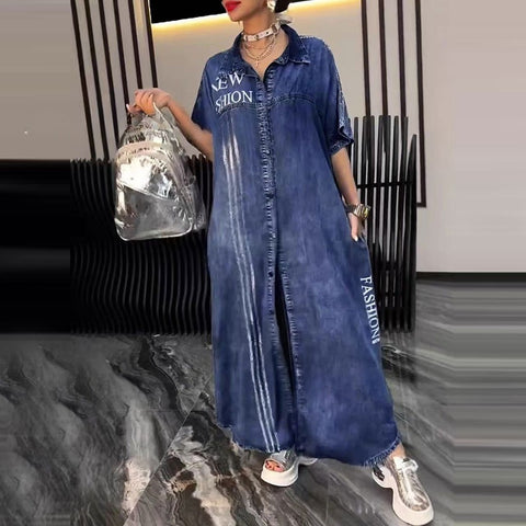 Women's casual dress letter print lapel cardigan long dress m302307