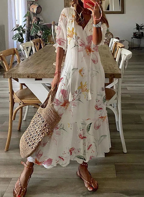 Floral V Neckline Half Sleeve Midi A line Dress m161507354 (5826854)