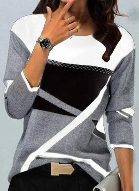 Color Block Round Neckline Long Sleeve Blouses m161511661 (5828973)