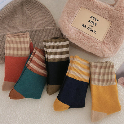 Thickened striped socks for children's mid length socks Instagram trendy pure cotton autumn and winter plush insulation Japanese vintage looped long socks m1915010441